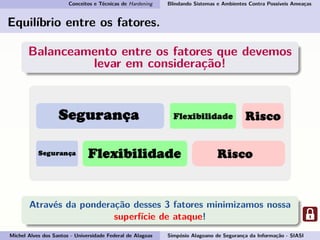 Conceitos e Técnicas de Hardening Blindando Sistemas e Ambientes Contra Possíveis Ameaças
Equilíbrio entre os fatores.
Balanceamento entre os fatores que devemos
levar em consideração!
Através da ponderação desses 3 fatores minimizamos nossa
superfície de ataque!
Michel Alves dos Santos - Universidade Federal de Alagoas Simpósio Alagoano de Segurança da Informação - SIASI
 