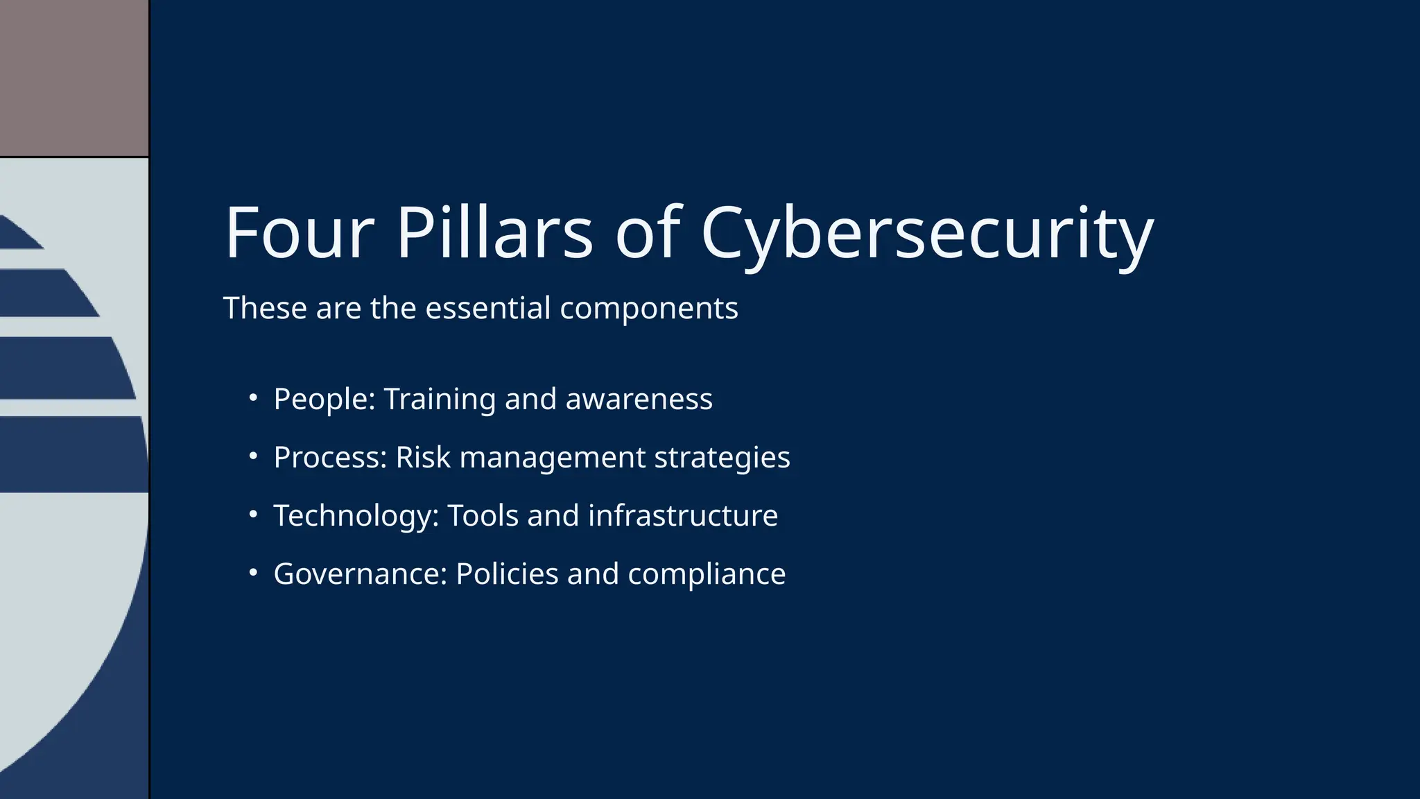 Four Pillars of Cybersecurity
These are the essential components
• People: Training and awareness
• Process: Risk management strategies
• Technology: Tools and infrastructure
• Governance: Policies and compliance
 
