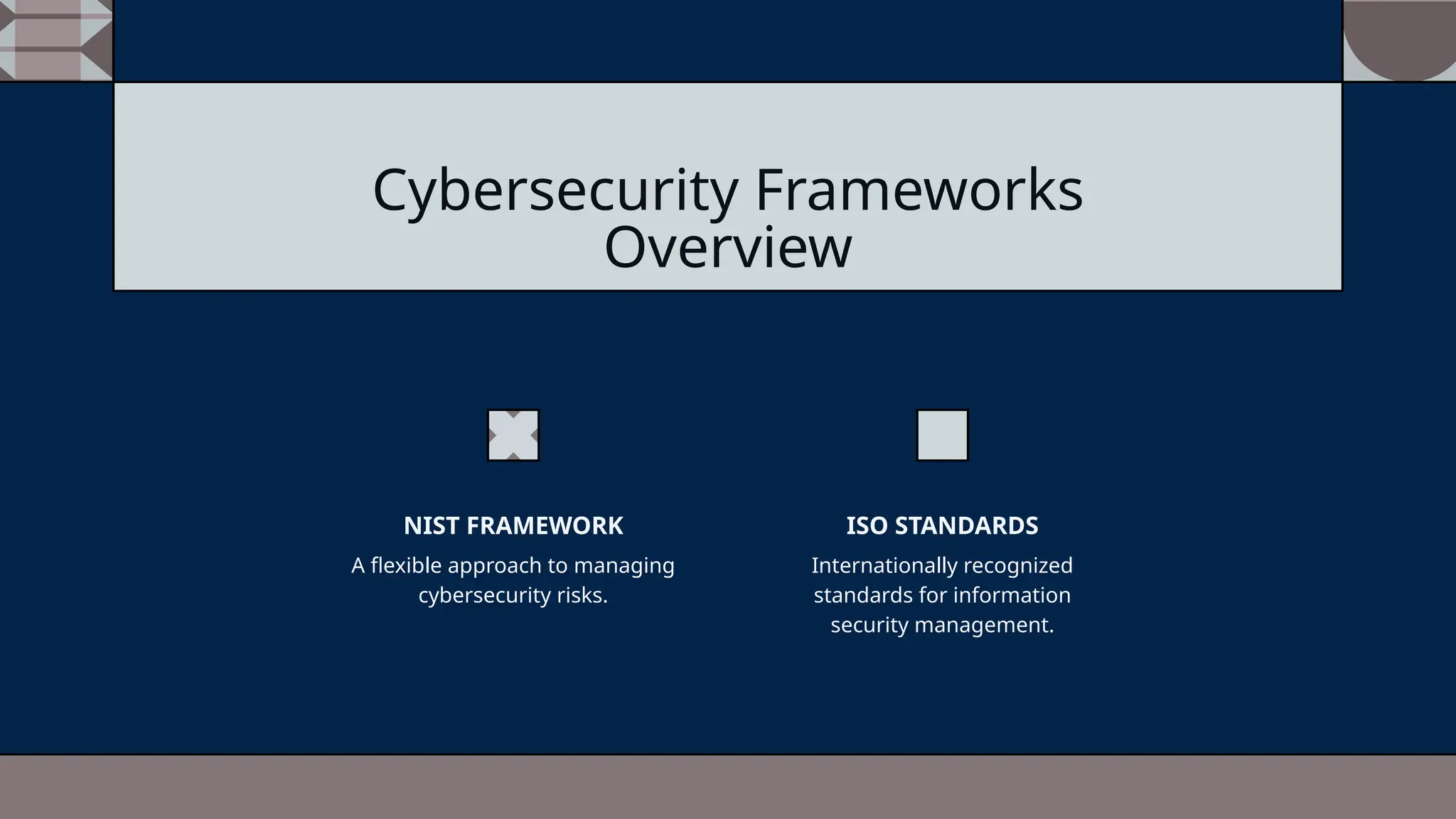 Cybersecurity Frameworks
Overview
A flexible approach to managing
cybersecurity risks.
NIST FRAMEWORK
Internationally recognized
standards for information
security management.
ISO STANDARDS
 