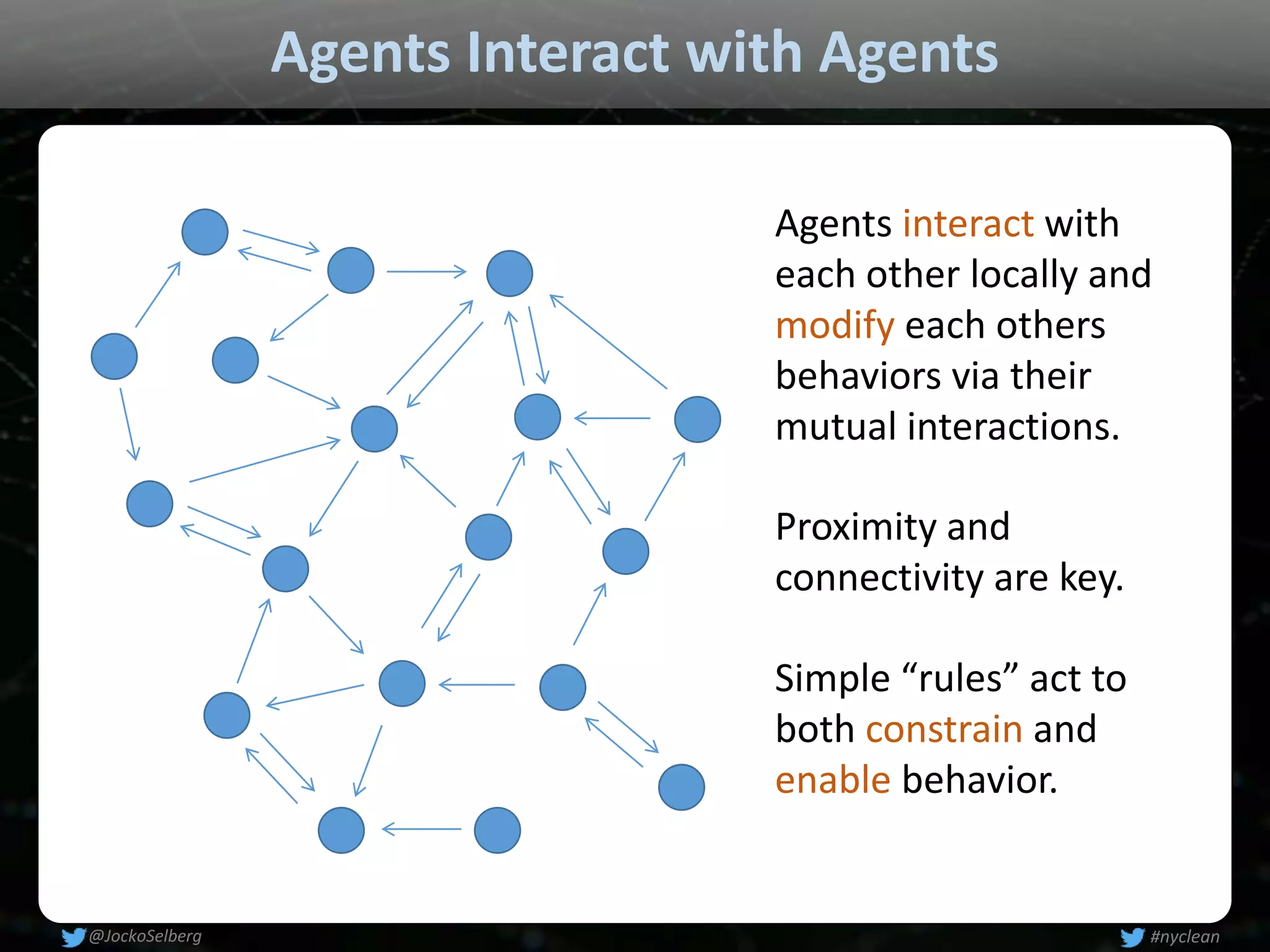 Agents Interact with Agents
Agents interact with
each other locally and
modify each others
behaviors via their
mutual interactions.
Proximity and
connectivity are key.
Simple “rules” act to
both constrain and
enable behavior.
#nyclean@JockoSelberg
 