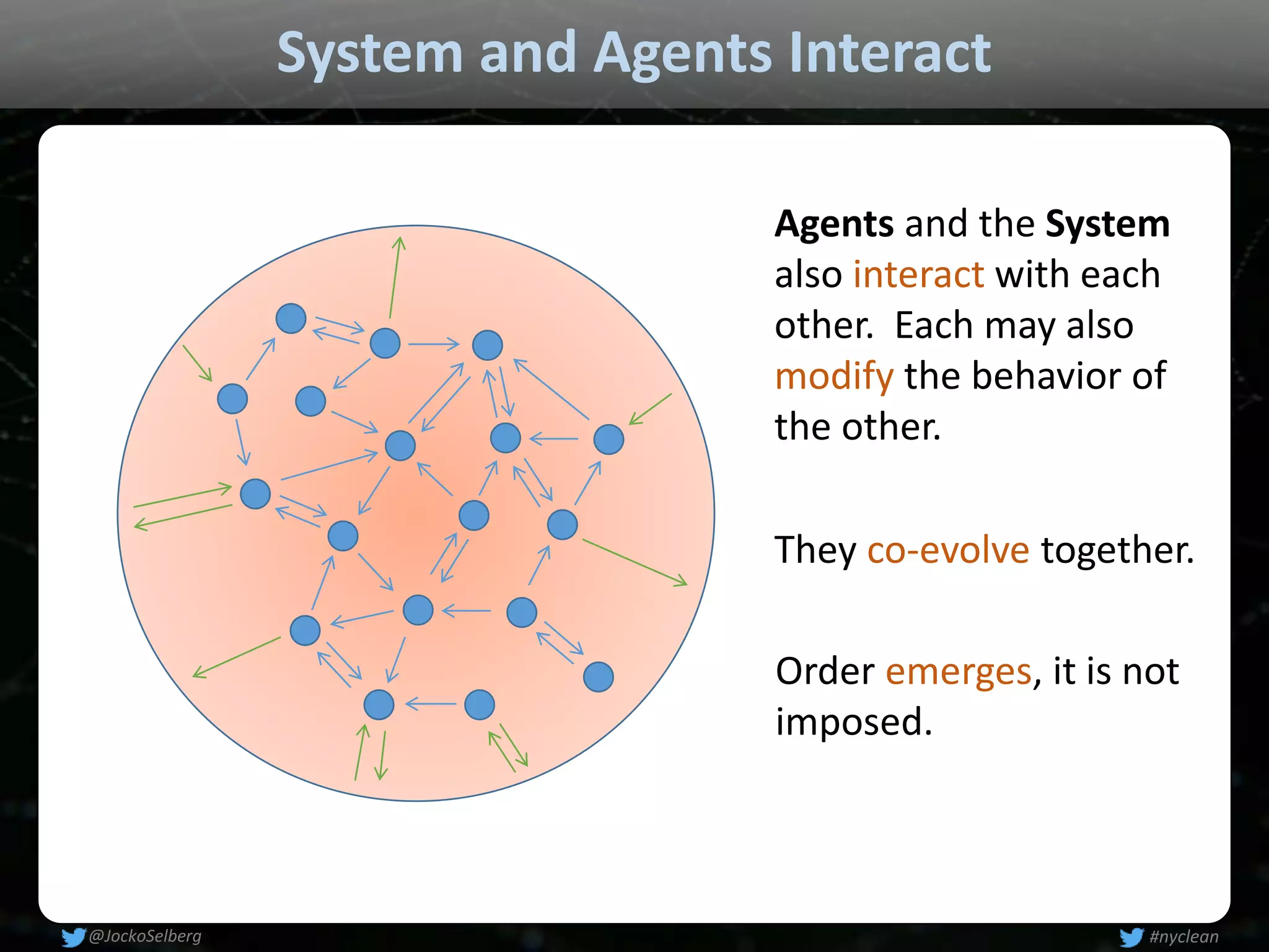 System and Agents Interact
Agents and the System
also interact with each
other. Each may also
modify the behavior of
the other.
They co-evolve together.
Order emerges, it is not
imposed.
#nyclean@JockoSelberg
 