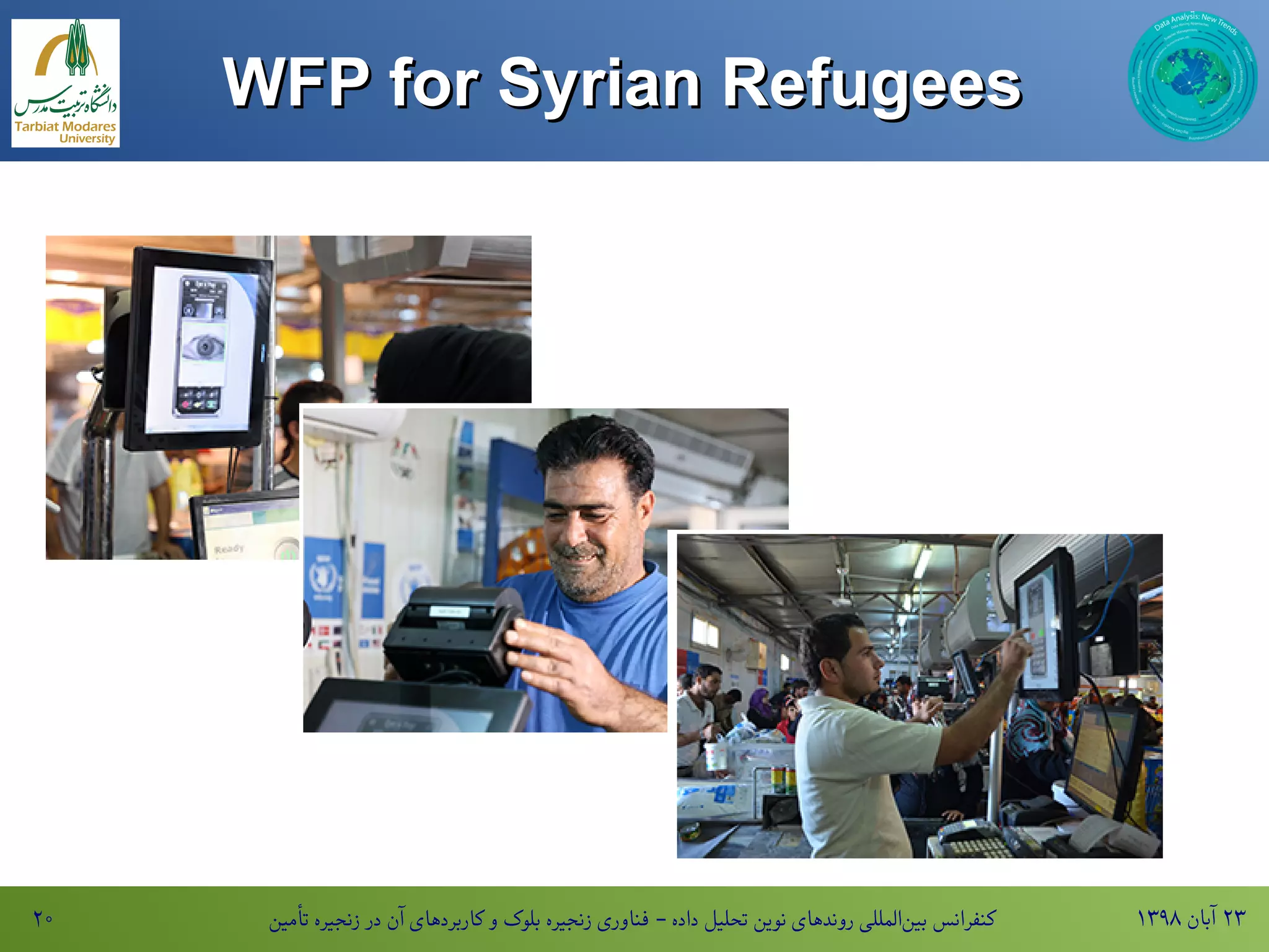 ۱۳۹۸ ‫آبان‬ ۲۳‫تأمین‬ ‫زنجیره‬ ‫در‬ ‫آن‬ ‫کاربردهای‬ ‫و‬ ‫بلوک‬ ‫زنجیره‬ ‫فناوری‬ - ‫داده‬ ‫تحلیل‬ ‫نوین‬ ‫روندهای‬ ‫المللی‬‫بین‬ ‫کنفرانس‬۲۰
WFP‌Blockchainfor‌BlockchainSyrian‌BlockchainRefugeesWFP‌Blockchainfor‌BlockchainSyrian‌BlockchainRefugees
 