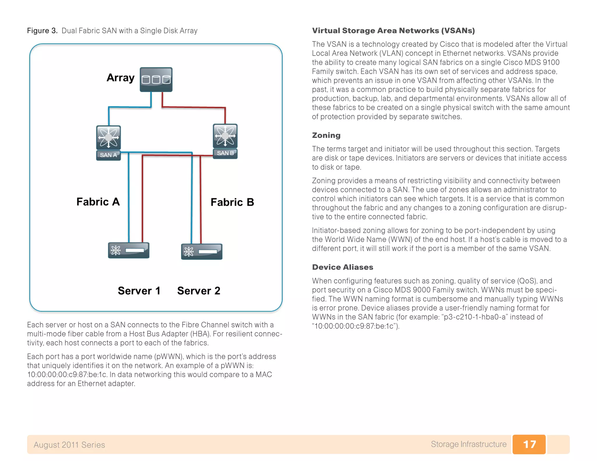 17Storage InfrastructureAugust 2011 Series
Figure 3. Dual Fabric SAN with a Single Disk Array
Each server or host on a SAN connects to the Fibre Channel switch with a
multi-mode fiber cable from a Host Bus Adapter (HBA). For resilient connec-
tivity, each host connects a port to each of the fabrics.
Each port has a port worldwide name (pWWN), which is the port’s address
that uniquely identifies it on the network. An example of a pWWN is:
10:00:00:00:c9:87:be:1c. In data networking this would compare to a MAC
address for an Ethernet adapter.
Virtual Storage Area Networks (VSANs)
The VSAN is a technology created by Cisco that is modeled after the Virtual
Local Area Network (VLAN) concept in Ethernet networks. VSANs provide
the ability to create many logical SAN fabrics on a single Cisco MDS 9100
Family switch. Each VSAN has its own set of services and address space,
which prevents an issue in one VSAN from affecting other VSANs. In the
past, it was a common practice to build physically separate fabrics for
production, backup, lab, and departmental environments. VSANs allow all of
these fabrics to be created on a single physical switch with the same amount
of protection provided by separate switches.
Zoning
The terms target and initiator will be used throughout this section. Targets
are disk or tape devices. Initiators are servers or devices that initiate access
to disk or tape.
Zoning provides a means of restricting visibility and connectivity between
devices connected to a SAN. The use of zones allows an administrator to
control which initiators can see which targets. It is a service that is common
throughout the fabric and any changes to a zoning configuration are disrup-
tive to the entire connected fabric.
Initiator-based zoning allows for zoning to be port-independent by using
the World Wide Name (WWN) of the end host. If a host’s cable is moved to a
different port, it will still work if the port is a member of the same VSAN.
Device Aliases
When configuring features such as zoning, quality of service (QoS), and
port security on a Cisco MDS 9000 Family switch, WWNs must be speci-
fied. The WWN naming format is cumbersome and manually typing WWNs
is error prone. Device aliases provide a user-friendly naming format for
WWNs in the SAN fabric (for example: “p3-c210-1-hba0-a” instead of
“10:00:00:00:c9:87:be:1c”).
 