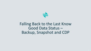 Copyright © 2018 DataCore Software Corp. – All Rights Reserved.
Falling Back to the Last Know
Good Data Status –
Backup, Snapshot and CDP
18
 