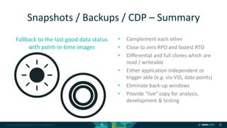 Copyright © 2018 DataCore Software Corp. – All Rights Reserved.
Fallback to the last good data status
with point-in-time images
22
• Complement each other
• Close to zero RPO and fastest RTO
• Differential and full clones which are
read / writeable
• Either application independent or
trigger able (e.g. via VSS, data points)
• Eliminate back-up windows
• Provide “live” copy for analysis,
development & testing
Snapshots / Backups / CDP – Summary
 