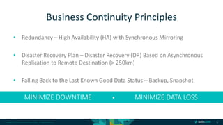 Copyright © 2018 DataCore Software Corp. – All Rights Reserved.
• Redundancy – High Availability (HA) with Synchronous Mirroring
• Disaster Recovery Plan – Disaster Recovery (DR) Based on Asynchronous
Replication to Remote Destination (> 250km)
• Falling Back to the Last Known Good Data Status – Backup, Snapshot
5
Business Continuity Principles
MINIMIZE DOWNTIME MINIMIZE DATA LOSS
 