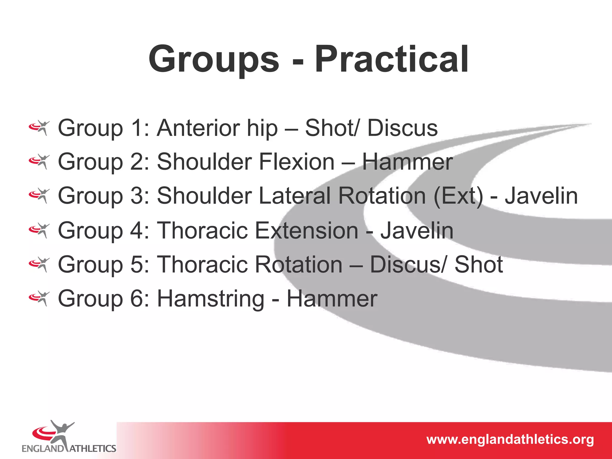 Groups - Practical 
! Group 1: Anterior hip – Shot/ Discus 
! Group 2: Shoulder Flexion – Hammer 
! Group 3: Shoulder Lateral Rotation (Ext) - Javelin 
! Group 4: Thoracic Extension - Javelin 
! Group 5: Thoracic Rotation – Discus/ Shot 
! Group 6: Hamstring - Hammer 
www.englandathletics.www.englandathleotricgs/e.oarsgt 
 