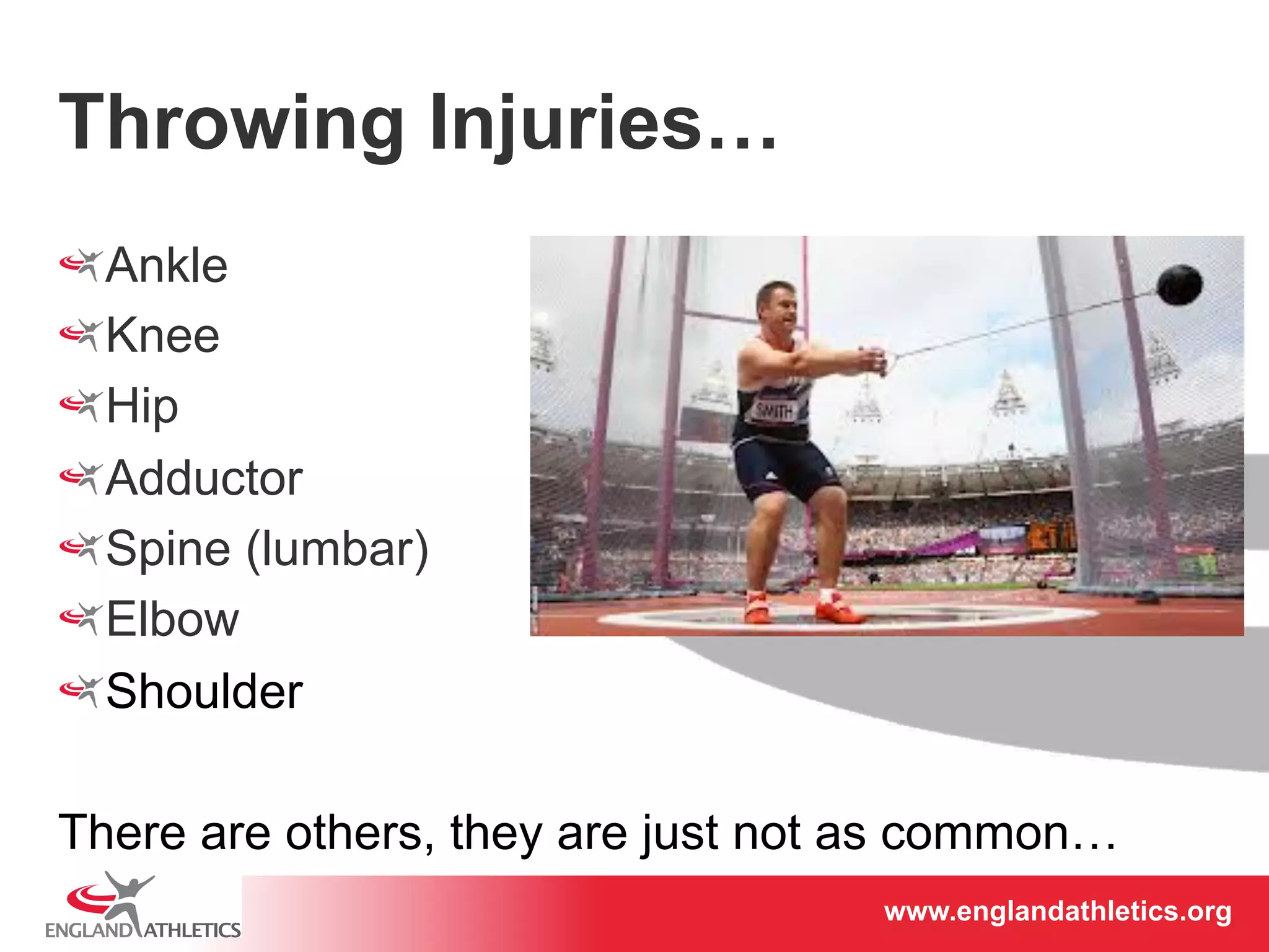 www.englandathletics.www.englandathleotricgs/e.oarsgt 
Throwing Injuries… 
! Ankle 
! Knee 
! Hip 
! Adductor 
! Spine (lumbar) 
! Elbow 
! Shoulder 
There are others, they are just not as common… 
 