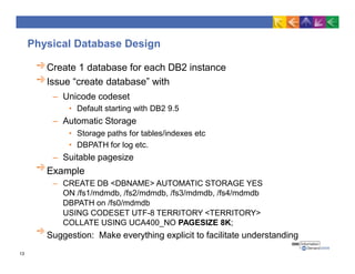 Physical Database Design
Create 1 database for each DB2 instance
Issue “create database” with
– Unicode codeset
• Default starting with DB2 9.5
– Automatic Storage
• Storage paths for tables/indexes etc
• DBPATH for log etc.
– Suitable pagesize
Example
– CREATE DB <DBNAME> AUTOMATIC STORAGE YES
ON /fs1/mdmdb, /fs2/mdmdb, /fs3/mdmdb, /fs4/mdmdb
DBPATH on /fs0/mdmdb
USING CODESET UTF-8 TERRITORY <TERRITORY>
COLLATE USING UCA400_NO PAGESIZE 8K;
Suggestion: Make everything explicit to facilitate understanding
13
 