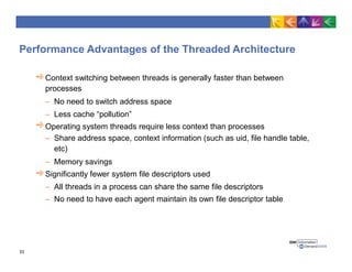 Performance Advantages of the Threaded Architecture
Context switching between threads is generally faster than between
processes
– No need to switch address space
– Less cache “pollution”
Operating system threads require less context than processes
– Share address space, context information (such as uid, file handle table,
etc)
– Memory savings
Significantly fewer system file descriptors used
– All threads in a process can share the same file descriptors
– No need to have each agent maintain its own file descriptor table
33
 