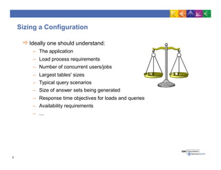 Ideally one should understand:
– The application
– Load process requirements
– Number of concurrent users/jobs
– Largest tables' sizes
– Typical query scenarios
– Size of answer sets being generated
– Response time objectives for loads and queries
– Availability requirements
– …
Sizing a Configuration
3
 