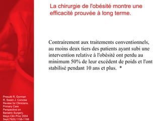 Contrairement aux traitements conventionnels, au moins deux tiers des patients ayant subi une intervention relative à l'obésité ont perdu au minimum 50% de leur excédent de poids et l'ont stabilisé pendant 10 ans et plus.  * La chirurgie de l'obésité montre une efficacité prouvée à long terme.   Presutti R, Gorman R, Swain J. Concise Review for Clinicians. Primary Care Perspective on Bariatric Surgery. Mayo Clin Proc 2004 Sept;79(9):1158-1166. 
