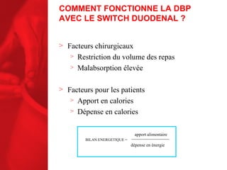 COMMENT FONCTIONNE LA DBP AVEC LE SWITCH DUODENAL ? Facteurs chirurgicaux Restriction du volume des repas Malabsorption élevée Facteurs pour les patients Apport en calories Dépense en calories BILAN ENERGETIQUE = apport alimentaire dépense en énergie 