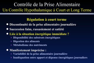 Contrôle de la Prise Alimentaire Un Contrôle Hypothalamique à Court et Long Terme Régulation à court terme   Discontinuité de la prise alimentaire journalière Succession faim, rassasiement et satiété Liée à la situation énergétique immédiate ? Disponibilité des substrats énergétiques Digestion des aliments Métabolisme des nutriments Manifestement imprécise : Variabilité de la prise alimentaire journalière Inadéquation entre apport et dépense énergétiques journaliers 