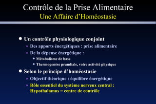 Contrôle de la Prise Alimentaire Une Affaire d’Homéostasie Un contrôle physiologique conjoint Des apports énergétiques : prise alimentaire De la dépense énergétique : Métabolisme de base Thermogenèse prandiale, voire activité physique Selon le principe d’homéostasie Objectif théorique : équilibre énergétique Rôle essentiel du système nerveux central : Hypothalamus = centre de contrôle 