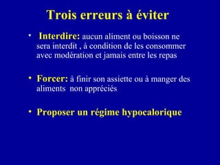 Trois erreurs à éviter Interdire:  aucun aliment ou boisson ne sera interdit , à condition de les consommer avec modération et jamais entre les repas Forcer:  à finir son assiette ou à manger des aliments  non appréciés Proposer un régime hypocalorique 