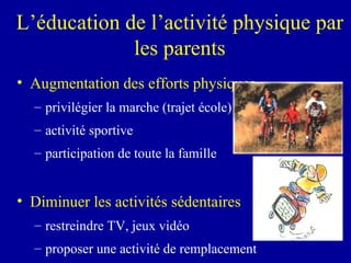 L’é ducation de l’activité physique par les parents Augmentation des efforts physiques privilégier la marche (trajet école) activité sportive participation de toute la famille Diminuer les activités sédentaires restreindre TV, jeux vidéo proposer une activité de remplacement 
