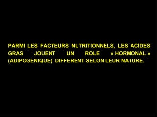 PARMI LES FACTEURS NUTRITIONNELS, LES ACIDES GRAS JOUENT UN ROLE « HORMONAL » (ADIPOGENIQUE)  DIFFERENT SELON LEUR NATURE. 