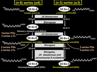 Docosapentaenoic acid  (DPA)   Docosahexaenoic acid (DHA)  18:2n Linoleic acid (LA) Arachidonic acid (ARA)  18:4n-3  -linolenic acid (LNA) Eicosapentaenoic acid (EPA)  Elongase desaturase Elongase 22:5n-3 22:4n-6 18:3n -6  6   desaturase 20:4n-3 Elongase  5 desaturase Elongase Elongase,    6   desaturase and peroxisomal    -oxidation Dihomo-  - linolenic acid (DGLA)  (n-3) series (  3) 18:2n 18:2n 18:2n 18:2n 1series PGs 3 series LTs 2 series PGs 4 series LTs 3 series PGs 5 series LTs (n-6) series (  6) 20:3n-6 18:2n-6 18:3n-3 20:5n-3 22:6n-3 22:5n-6 20:4n-6 COOH CH 3 CH 3 COOH CH 3 COOH CH 3 COOH CH 3 COOH CH 3 COOH COOH CH 3 