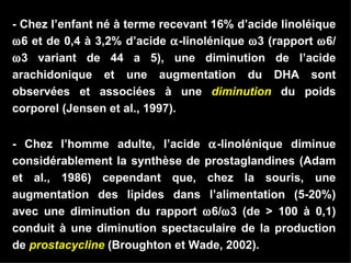 - Chez l’homme adulte, l’acide   -linolénique diminue considérablement la synthèse de prostaglandines (Adam et al., 1986) cependant que, chez la souris, une augmentation des lipides dans l’alimentation (5-20%) avec une diminution du rapport   6/  3 (de > 100 à 0,1) conduit à une diminution spectaculaire de la production de  prostacycline  (Broughton et Wade, 2002).   - Chez l’enfant né à terme recevant 16% d’acide linoléique   6 et de 0,4 à 3,2% d’acide   -linolénique   3 (rapport   6/  3 variant de 44 a 5), une diminution de l’acide arachidonique et une augmentation du DHA sont observées et associées à une  diminution  du poids corporel (Jensen et al., 1997). 