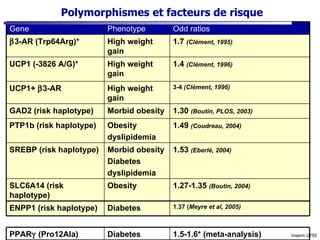 Polymorphismes et facteurs de risque Inserm U755 1.27-1.35  (Boutin, 2004) Obesity SLC6A14 (risk haplotype) 1.4  (Clément, 1996) High weight gain UCP1 (-3826 A/G)* 3-4  (Clément, 1996) High weight gain UCP1+   3-AR  1.30  (Boutin, PLOS, 2003) Morbid obesity GAD2 (risk haplotype) 1.49  (Coudreau, 2004) Obesity dyslipidemia PTP1b (risk haplotype) Odd ratios Phenotype Gene 1.7  (Clément, 1995) High weight gain  3-AR (Trp64Arg)* 1.53  (Eberlé, 2004) Morbid obesity Diabetes dyslipidemia SREBP (risk haplotype) 1.37 ( Meyre et al, 2005) Diabetes ENPP1 (risk haplotype) 1.5-1.6* (meta-analysis) Diabetes PPAR  (Pro12Ala) 