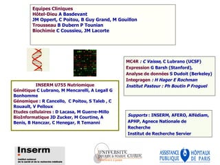 INSERM U755 Nutriomique Génétique  C Lubrano, M Mencarelli, A Legall G Bonhomme Génomique  : R Cancello,  C Poitou, S Taleb , C Rouault, V Pelloux Etudes cellulaires  : D Lacasa, M Guerre-Millo BioInformatique  JD Zucker, M Courtine, A Benis, B Hanczar, C Henegar, R Temanni Equipes Cliniques  Hôtel-Dieu  A Basdevant  JM Oppert, C Poitou, B Guy Grand, M Gouillon  Trousseau  B Dubern P Tounian  Biochimie  C Coussieu, JM Lacorte Supports  : INSERM, AFERO, Alfédiam, APHP, Agnece Nationale de  Recherche Institut de Recherche Servier MC4R  : C Vaisse , C Lubrano (UCSF)  Expression  G Barsh (Stanford),  Analyse de données  S Dudoit (Berkeley) Integragen  : H Hager E Rochman Institut Pasteur : Ph Boutin P Froguel 
