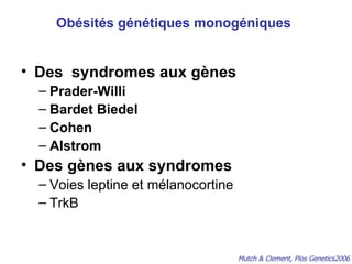 Obésités génétiques monogéniques Des  syndromes aux gènes Prader-Willi Bardet Biedel Cohen Alstrom Des gènes aux syndromes Voies leptine et mélanocortine TrkB Mutch & Clement, Plos Genetics2006 