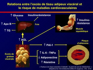 « Facteurs de risque associés à l’obésité : le point de vue du métabolicien. » Després et al. Ann Endocrinol 2000; 61 (suppl au  n°6) : 31-8.  Relations entre l’excès de tissu adipeux viscéral et  le risque de maladies cardiovasculaires Foie Excès de graisse viscérale    Glucose Insulinorésistance    Insulino-résistance    PAI-1 Plaque d’athérome Muscle squelettique    IL-6 - TNF     Adiponectine    Résistine    Apo B    TG    AGL 