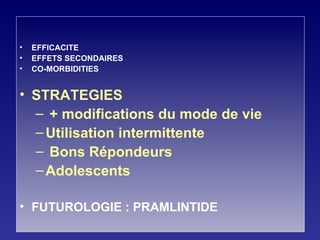 EFFICACITE EFFETS SECONDAIRES CO-MORBIDITIES STRATEGIES + modifications du mode de vie Utilisation intermittente  Bons Répondeurs Adolescents FUTUROLOGIE : PRAMLINTIDE 