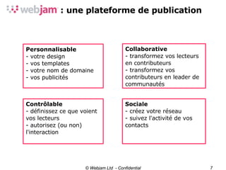 : une plateforme de publication © Webjam Ltd  - Confidential Personnalisable - votre design - vos templates - votre nom de domaine - vos publicités Contrôlable - définissez ce que voient vos lecteurs - autorisez (ou non) l'interaction Collaborative - transformez vos lecteurs en contributeurs - transformez vos contributeurs en leader de communautés Sociale - créez votre réseau - suivez l'activité de vos contacts 
