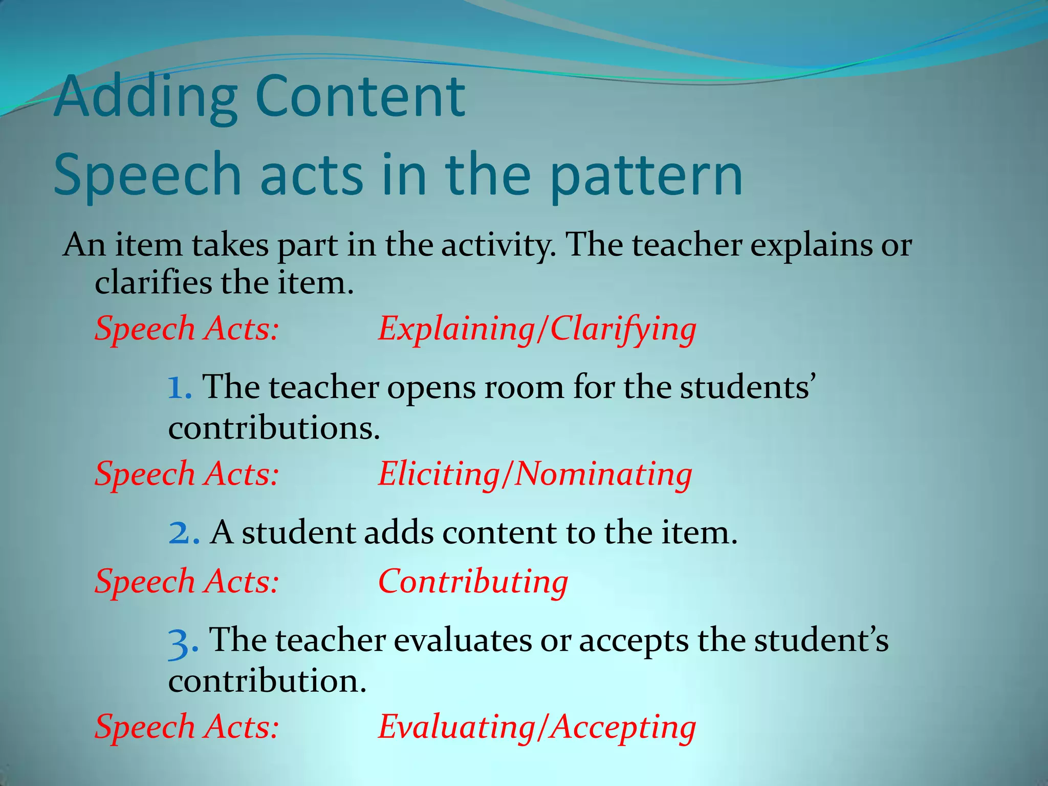 Adding ContentSpeech acts in the patternAn item takes part in the activity. The teacher explains or clarifies the item.Speech Acts:	Explaining/Clarifying1. The teacher opens room for the students’ 	contributions.Speech Acts:	Eliciting/Nominating2. A student adds content to the item.Speech Acts:	Contributing 3. The teacher evaluates or accepts the student’s 	contribution.Speech Acts:	Evaluating/Accepting