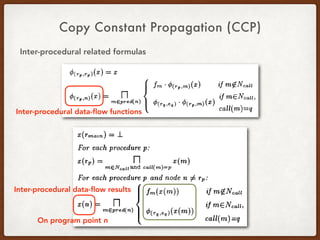 Copy Constant Propagation (CCP)
Inter-procedural related formulas
Inter-procedural data-ﬂow functions
Inter-procedural data-ﬂow results
On program point n
 