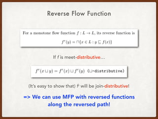 Reverse Flow Function
If f is meet-distributive…
(It’s easy to show that) fr will be join-distributive!
=> We can use MFP with reversed functions
along the reversed path!
 