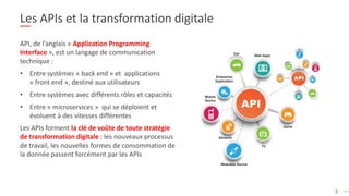 3
Les APIs et la transformation digitale
API, de l’anglais « Application Programming
Interface », est un langage de communication
technique :
• Entre systèmes « back end » et applications
« front end », destiné aux utilisateurs
• Entre systèmes avec différents rôles et capacités
• Entre « microservices » qui se déploient et
évoluent à des vitesses différentes
Les APIs forment la clé de voûte de toute stratégie
de transformation digitale : les nouveaux processus
de travail, les nouvelles formes de consommation de
la donnée passent forcément par les APIs
 