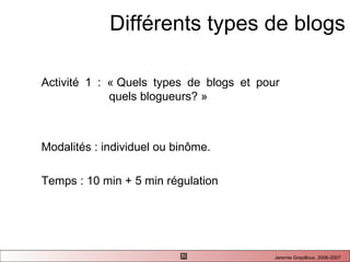 Activité 1 : « Quels types de blogs et pour    quels blogueurs? » Modalités : individuel ou bin ôme.  Temps : 10 min + 5 min régulation Différents types de blogs 