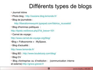 Journal intime  Photo blog :  http://ossiane.blog.lemonde.fr/ Blog de journaliste : http://liberationnewyork.typepad.com/fabrice_rousselot/ Blog d'hommes politiques  :  http://lipietz.net/breve.php3?id_breve=101   Carnet de voyage :  http://www.carnet-de-voyage.org/blog/   Blog « Folksonomie » : MySpace.  Blog d'actualité :  http://www.lemonde.fr/   Blog BD :  http://www.bouletcorp.com/blog/   Blog CV  Blog d'entreprise ou d’institution :  (communication interne et externe)  http://greco.grenet.fr Différents types de blogs 