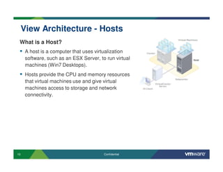 10 Confidential
View Architecture - Hosts
What is a Host?
A host is a computer that uses virtualization
software, such as an ESX Server, to run virtual
machines (Win7 Desktops).
Hosts provide the CPU and memory resources
that virtual machines use and give virtual
machines access to storage and network
connectivity.
 
