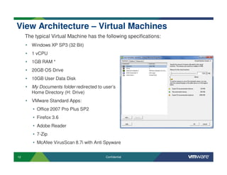 12 Confidential
View Architecture – Virtual Machines
• Windows XP SP3 (32 Bit)
• 1 vCPU
• 1GB RAM *
• 20GB OS Drive
• 10GB User Data Disk
• My Documents folder redirected to user’s
Home Directory (H: Drive)
• VMware Standard Apps:
• Office 2007 Pro Plus SP2
• Firefox 3.6
• Adobe Reader
• 7-Zip
• McAfee VirusScan 8.7i with Anti Spyware
The typical Virtual Machine has the following specifications:
 