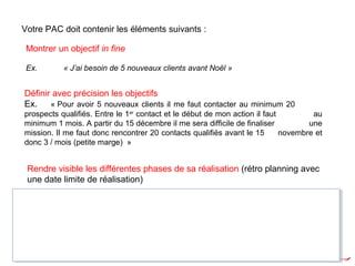 Votre PAC doit contenir les éléments suivants : 
Montrer un objectif in fine 
Ex. « J’ai besoin de 5 nouveaux clients avant Noël » 
Définir avec précision les objectifs 
Ex. « Pour avoir 5 nouveaux clients il me faut contacter au minimum 20 
prospects qualifiés. Entre le 1er contact et le début de mon action il faut au 
minimum 1 mois. A partir du 15 décembre il me sera difficile de finaliser une 
mission. Il me faut donc rencontrer 20 contacts qualifiés avant le 15 novembre et 
donc 3 / mois (petite marge) » 
Rendre visible les différentes phases de sa réalisation (rétro planning avec 
une date limite de réalisation) 
ROI 
S1 S2 S3 S4 
Rdv CGPME Rdv CAPEB 
et Adour 
Entreprendre 
Rdv Turbomeca et 
soirée Prestige & 
Excellence 
Salon des 
coachs 
Salies de Béarn 
 