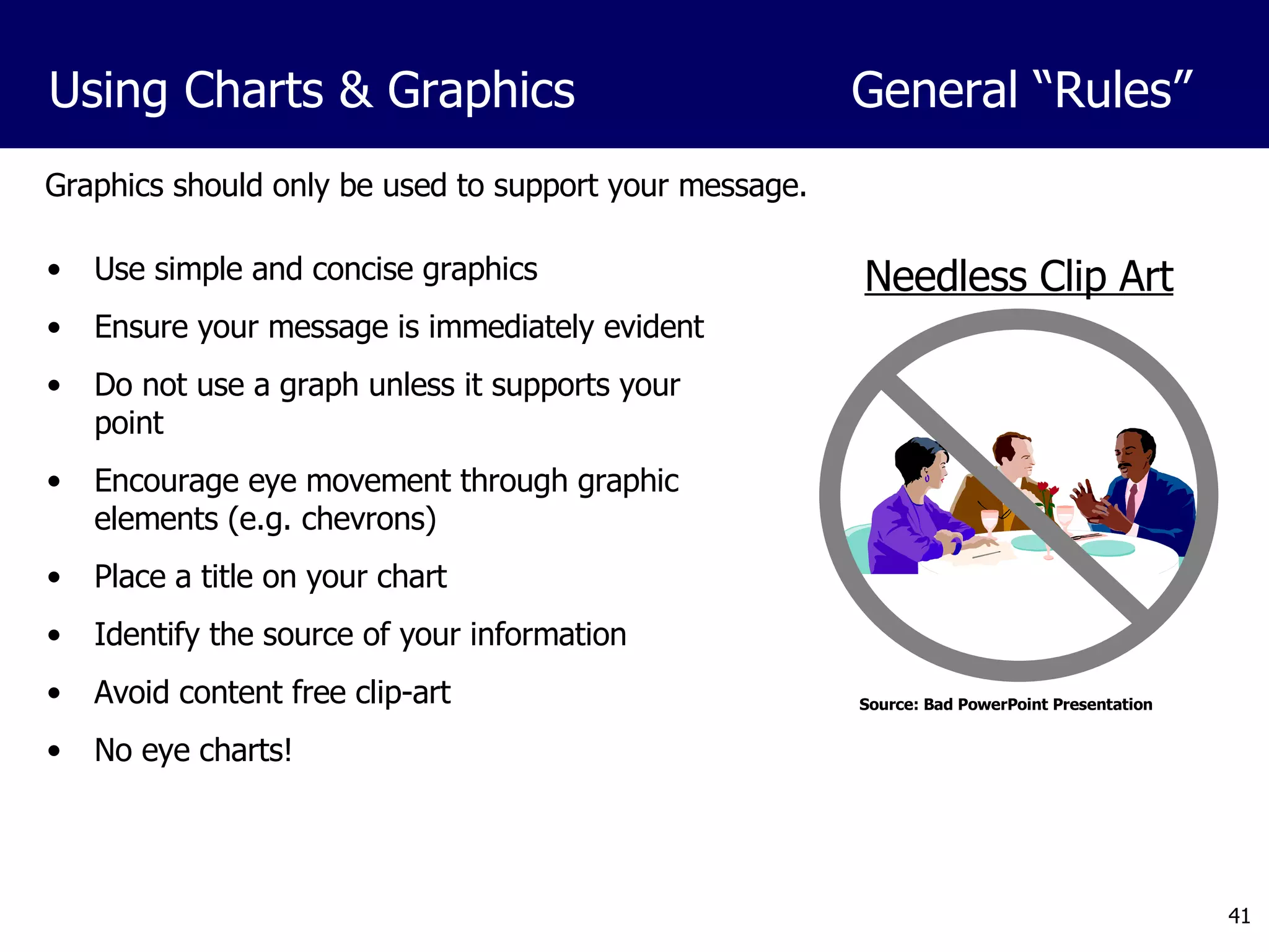 Graphics should only be used to support your message. Use simple and concise graphics Ensure your message is immediately evident Do not use a graph unless it supports your point Encourage eye movement through graphic elements (e.g. chevrons)  Place a title on your chart Identify the source of your information Avoid content free clip-art No eye charts! Using Charts & Graphics General “Rules”  Needless Clip Art Source: Bad PowerPoint Presentation 