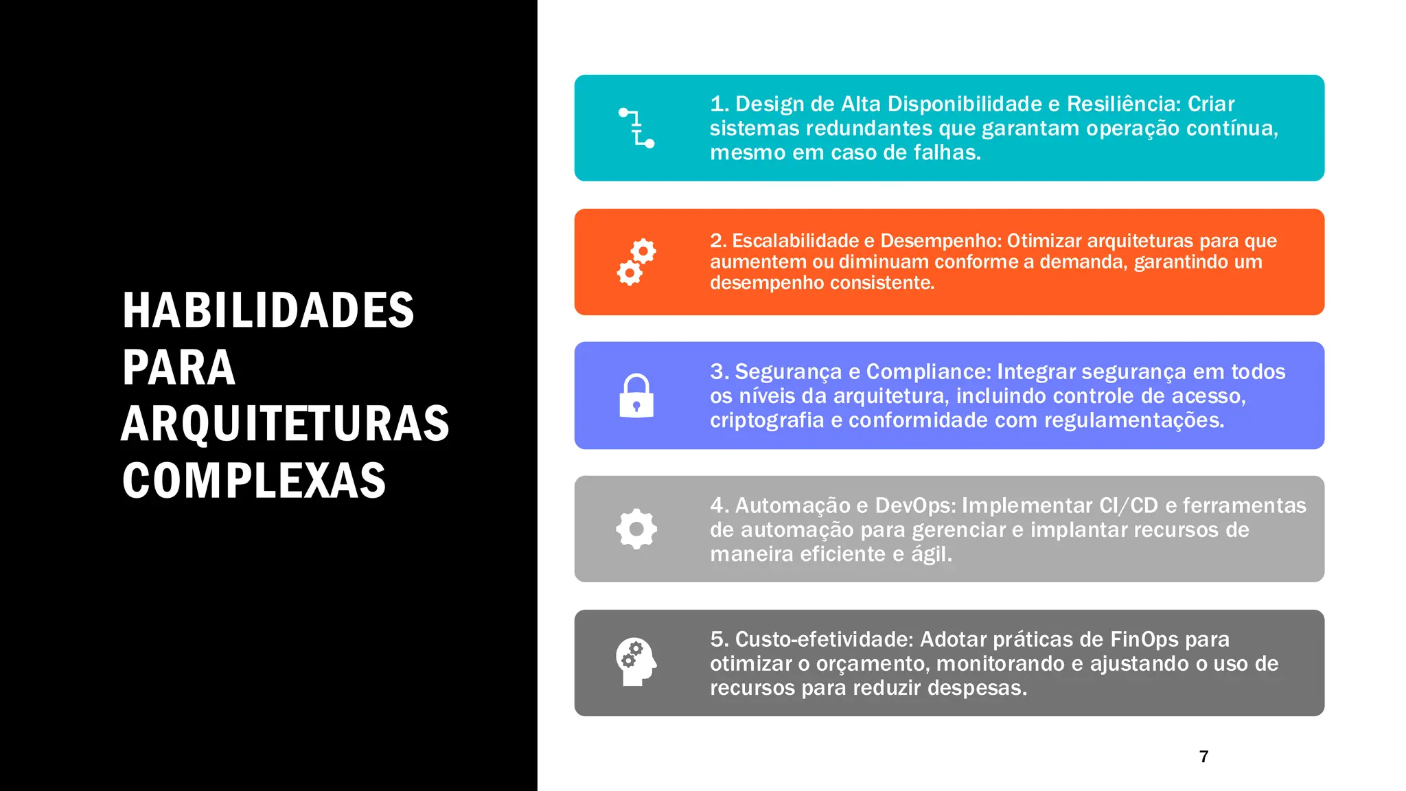 HABILIDADES
PARA
ARQUITETURAS
COMPLEXAS
7
1. Design de Alta Disponibilidade e Resiliência: Criar
sistemas redundantes que garantam operação contínua,
mesmo em caso de falhas.
2. Escalabilidade e Desempenho: Otimizar arquiteturas para que
aumentem ou diminuam conforme a demanda, garantindo um
desempenho consistente.
3. Segurança e Compliance: Integrar segurança em todos
os níveis da arquitetura, incluindo controle de acesso,
criptografia e conformidade com regulamentações.
4. Automação e DevOps: Implementar CI/CD e ferramentas
de automação para gerenciar e implantar recursos de
maneira eficiente e ágil.
5. Custo-efetividade: Adotar práticas de FinOps para
otimizar o orçamento, monitorando e ajustando o uso de
recursos para reduzir despesas.
 