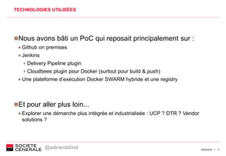 1116/02/2016
TECHNOLOGIES UTILISÉES
Nous avons bâti un PoC qui reposait principalement sur :
● Github on premises
● Jenkins
Delivery Pipeline plugin
Cloudbees plugin pour Docker (surtout pour build & push)
● Une plateforme d’exécution Docker SWARM hybride et une registry
Et pour aller plus loin...
● Explorer une démarche plus intégrée et industrialisée : UCP ? DTR ? Vendor
solutions ?
@adrienblind
 