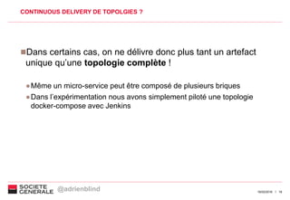 1816/02/2016
CONTINUOUS DELIVERY DE TOPOLGIES ?
Dans certains cas, on ne délivre donc plus tant un artefact
unique qu’une topologie complète !
●Même un micro-service peut être composé de plusieurs briques
●Dans l’expérimentation nous avons simplement piloté une topologie
docker-compose avec Jenkins
@adrienblind
 