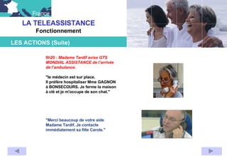 LA TELEASSISTANCE Fonctionnement                                                                                                                                                                                                                       9h20 :  Madame Tardif avise GTS MONDIAL ASSISTANCE de l’arrivée de l’ambulance. "le médecin est sur place. Il préfère hospitaliser Mme GAGNON à BONSECOURS. Je ferme la maison à clé et je m'occupe de son chat."                                                          "Merci beaucoup de votre aide Madame Tardif. Je contacte immédiatement sa fille Carole."                                                    LES ACTIONS (Suite)                                 