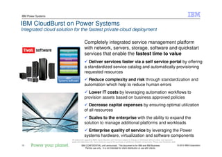 © 2010 IBM Corporation13
IBM Power Systems
IBM CONFIDENTIAL until announced. This document is for IBM and IBM Business
Partner use only. It is not intended for client distribution or use with clients.
IBM CloudBurst on Power Systems
Integrated cloud solution for the fastest private cloud deployment
Completely integrated service management platform
with network, servers, storage, software and quickstart
services that enable the fastest time to value
Deliver services faster via a self service portal by offering
a standardized service catalog and automatically provisioning
requested resources
Reduce complexity and risk through standardization and
automation which help to reduce human errors
Lower IT costs by leveraging automation workflows to
provision assets based on business approved policies
Decrease capital expenses by ensuring optimal utilization
of all resources
Scales to the enterprise with the ability to expand the
solution to manage additional platforms and workloads
Enterprise quality of service by leveraging the Power
systems hardware, virtualization and software components
All statements regarding IBM's future direction and intent are subject to change or withdrawal without notice, and represent
goals and objectives only. Some features require the purchase of additional software components. Please see Disclaimer slide
 