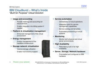 © 2010 IBM Corporation15
IBM Power Systems
IBM CONFIDENTIAL until announced. This document is for IBM and IBM Business
Partner use only. It is not intended for client distribution or use with clients.
IBM Cloudburst – What’s Inside
“Built for Purpose” Cloud Solution
Usage and accounting
– Provide metering and accounting for
cloud services
– Enable integration into billing system if
needed
Platform & virtualization management
– Enhanced management of the virtual
environment
Energy management
– Energy management of the
hardware infrastructure
Storage network virtualization
– Improve storage utilization
– Enable multi-tenancy support
Service automation
– Orchestration of cloud operations
– Integration point for service
management capabilities
– Service catalog and templates
– Automated provisioning of virtual
systems
Monitoring
– Monitor both physical and virtual
server environments
High Availability
– Redundancy built in for high
availability
Server, Storage, Network hardware
– Preinstalled and configured on IBM
hardware
 