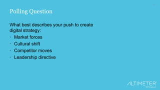11
Polling Question
What best describes your push to create
digital strategy:
∙ Market forces
∙ Cultural shift
∙ Competitor moves
∙ Leadership directive
 