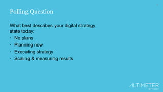 4
Polling Question
What best describes your digital strategy
state today:
∙ No plans
∙ Planning now
∙ Executing strategy
∙ Scaling & measuring results
 