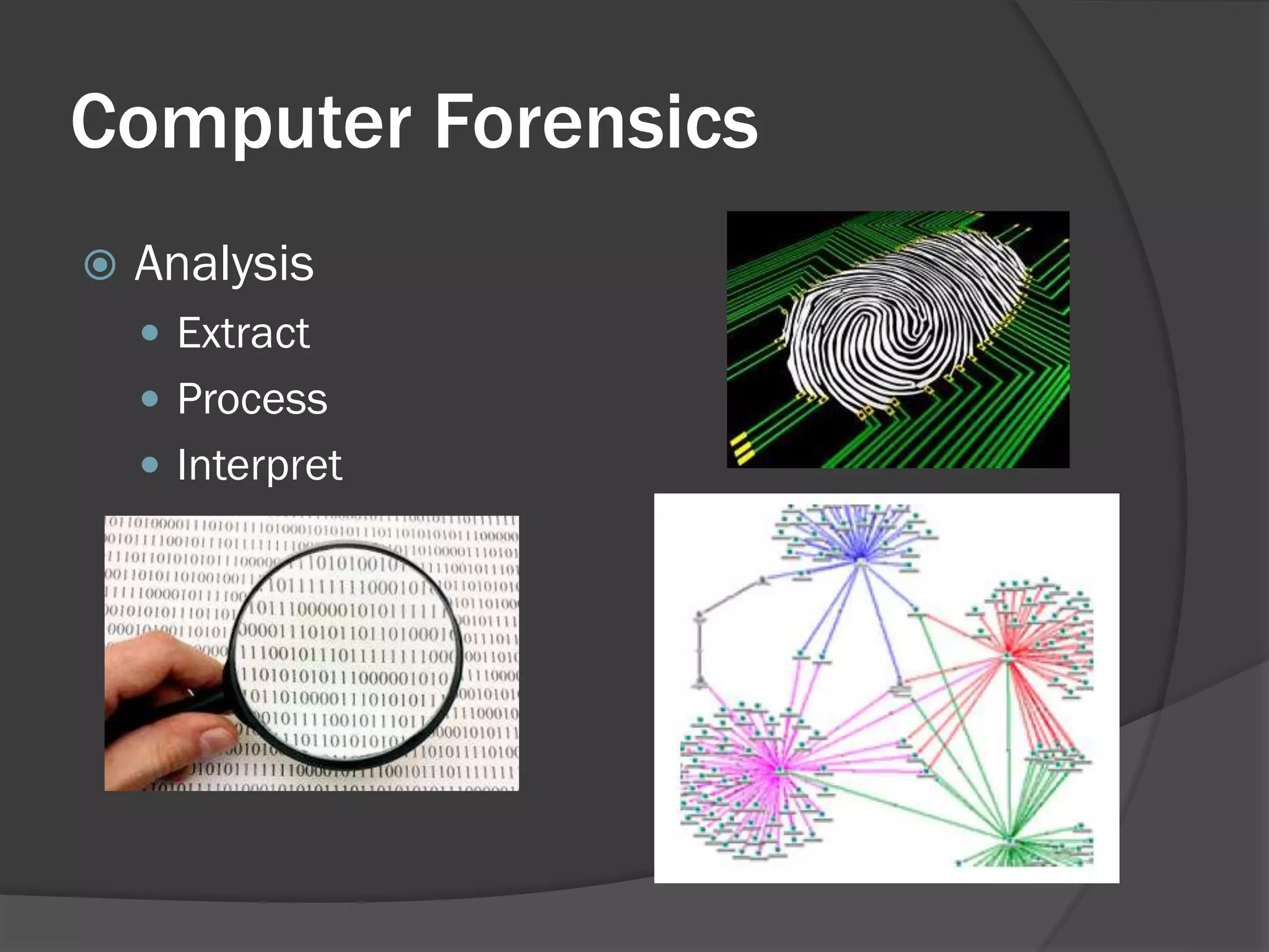 Computer Forensics
   Analysis
     Extract
     Process
     Interpret
 