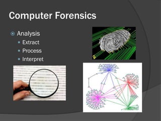 Computer Forensics
   Analysis
     Extract
     Process
     Interpret
 